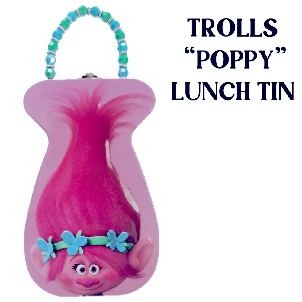 NEW TROLLS POPPY HEAD SHAPED PURSE/TIN LUNCH BOX